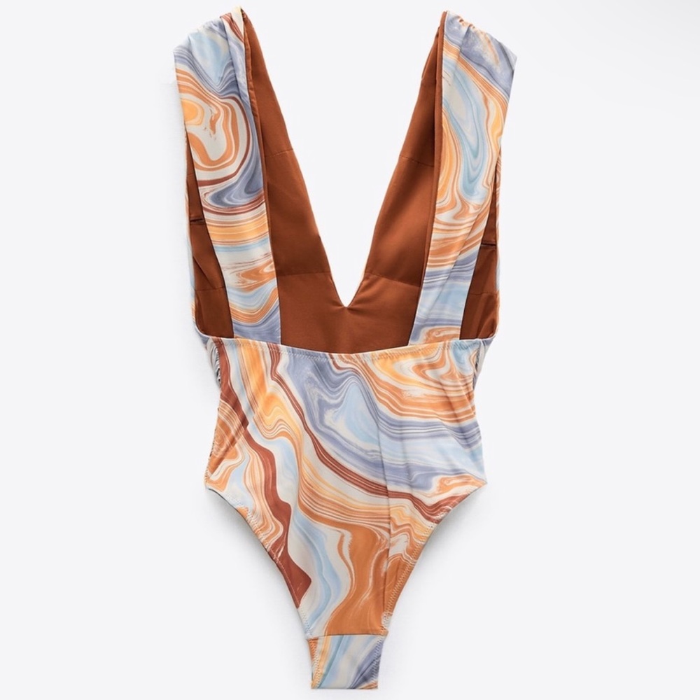 Zara Marble-Print One-Piece Swimsuit in Brown, Blue & Cream - Picture 3 of 10